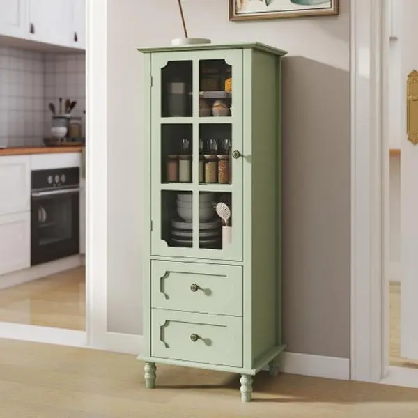Minimalism Buffet Cabinet with Glass Doors & Double Drawer Modern Wooden Storage Sideboard Cupboard for Living Room Dining Room Hallway Entryway Mint Green