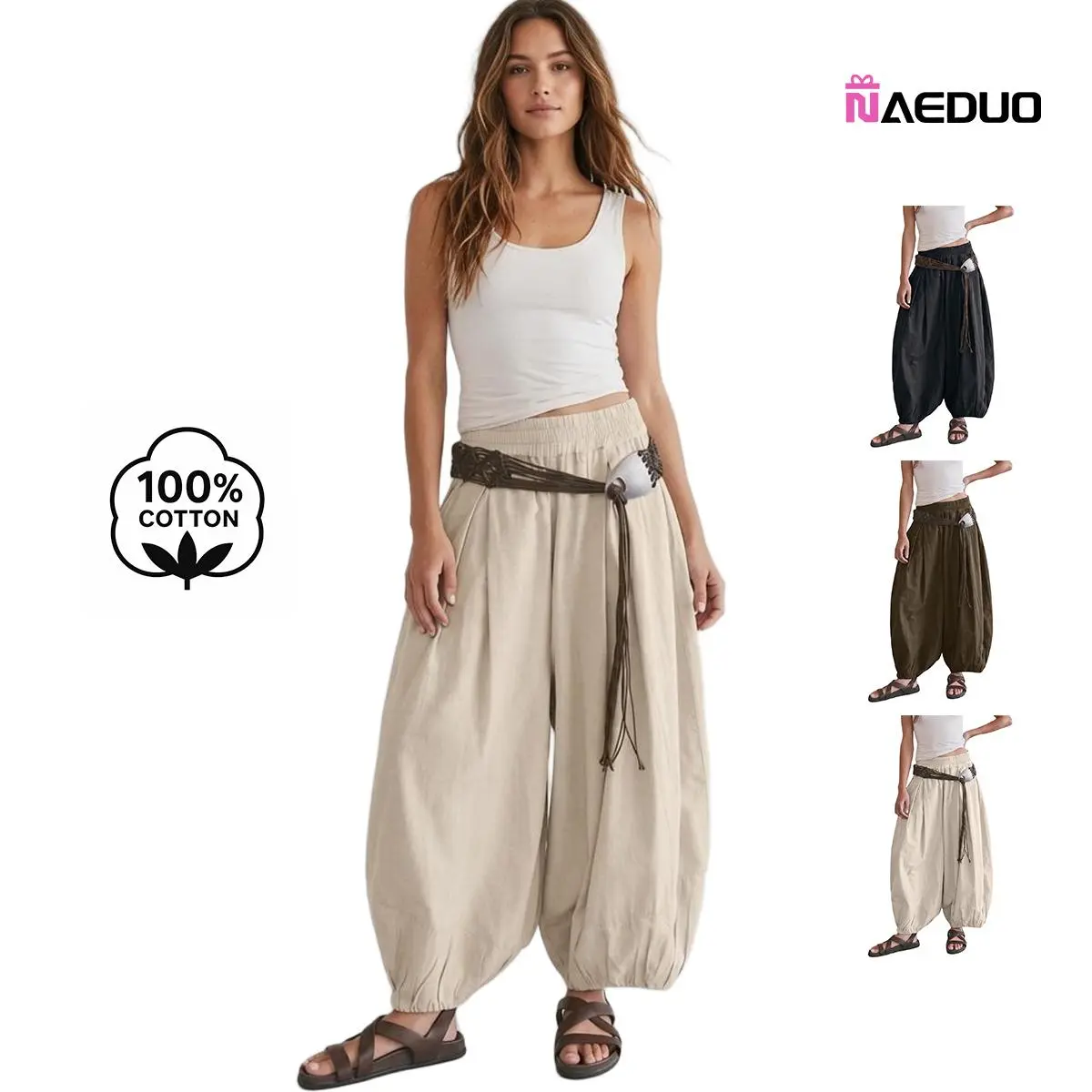 Naeduo Women's Cotton High-Waisted Harem Pants - Basic Bottoms with Side Pockets, Relaxed Fit, Elastic Cuffs, Ankle Length, Comfortable for Day Wear in Spring Summer Fall