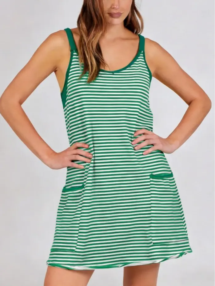 【Belle Noss】Women's Summer Athletic Romper Dress with Built-in Shorts - Sleeveless V-Neck Striped, Anti-Gap Pockets, Body-Friendly Single-Piece Casual Dress for Tennis, Vacation, Athletic Dress, Romper Dress With Shorts