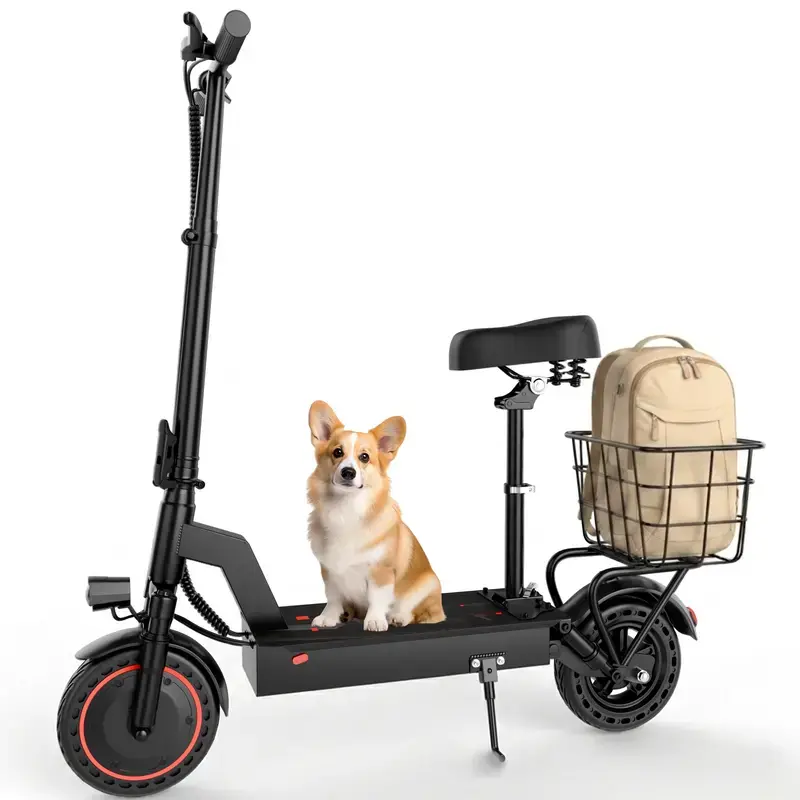 Adult Foldable Electric Scooter with 500W Motor, Front-Rear Dual Shock-Absorbing Tires, 22 mph Top Speed, 12-21 mi Range, 265 lbs Max Load, Seat, LED Headlight-Taillight, Basket (Sports & Outdoor Fitness Scooter Equipment)