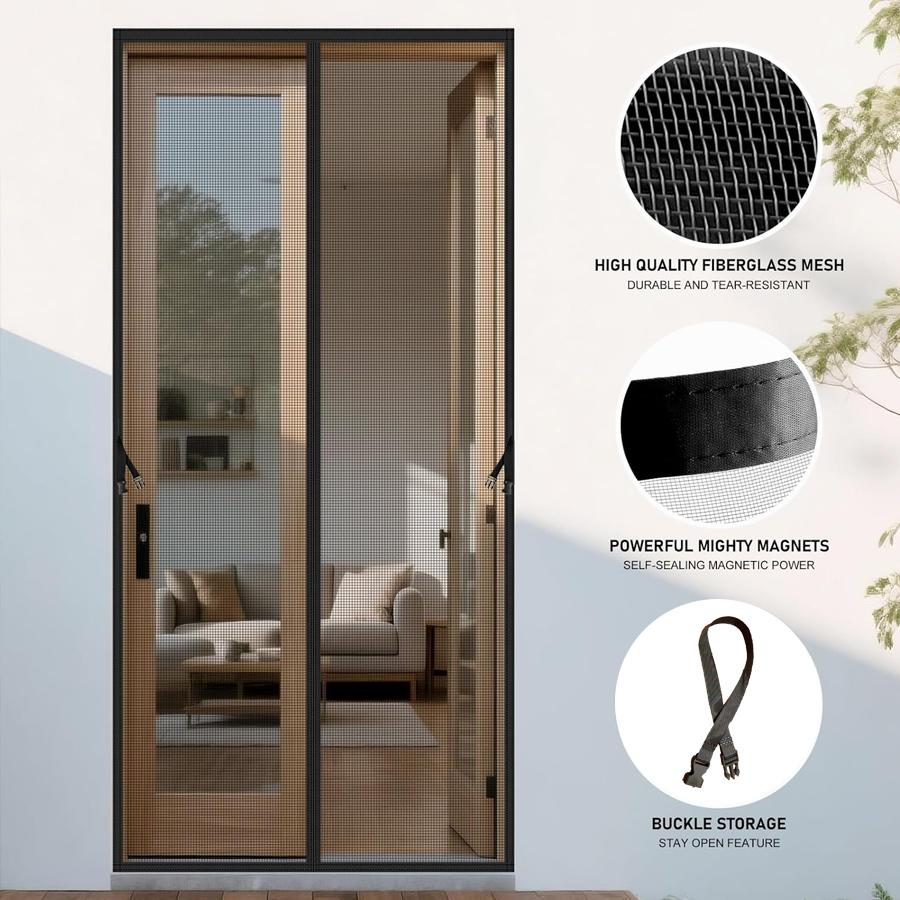 Magnetic Screen Door, Hands-Free Mesh Door Curtain with Storage Buckets, Windproof Pet Friendly Mosquito Net for Summer, Fits Bedroom, Kitchen, Garage Door, Durable Home Screen