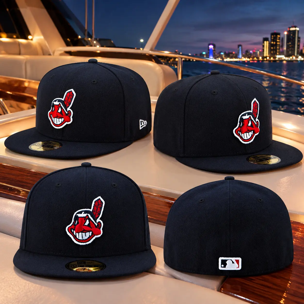 Premium New Era Cleveland Indians 59FIFTY Fitted Baseball Hat | Black & Red Flat Bill Cap