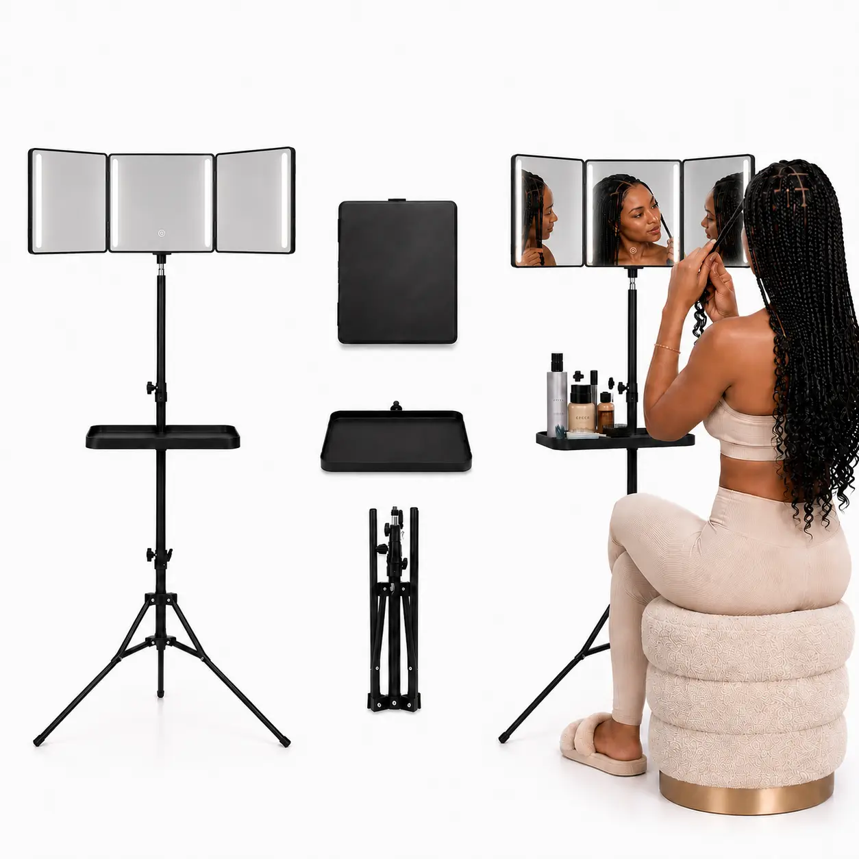 Cordless 360-Degree Multi-Angle Travel Hair Styling Mirror Set for Men - 3-Way DIY, 4 LED Lighting, Adjustable Tripod Stand, Clamp-On Tray Holder, Trifold Portable Rechargeable Charger, Enhanced Visibility Haircare Tool for Travel
