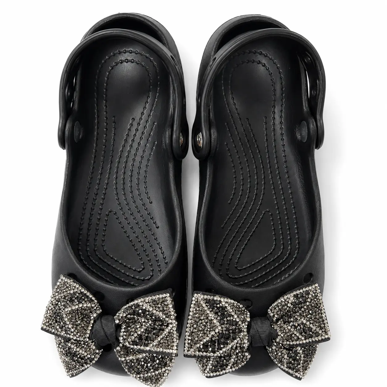 Women’s Elegant Rhinestone Bow Mary Jane Clog Flat Footwear - Lightweight Slip-On Slippers, Soft Textured Footbed, Flexible Heel Strap