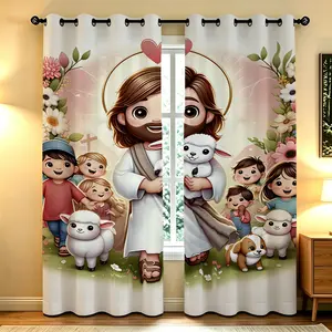 2PCS Cute Cartoon Jesus Print Blackout Curtains, Soft Fiber Fabric, 85% Light Blocking, Gentle Washable & All-Season, Perfect for Bedroom Dorm Decor, Great Gift