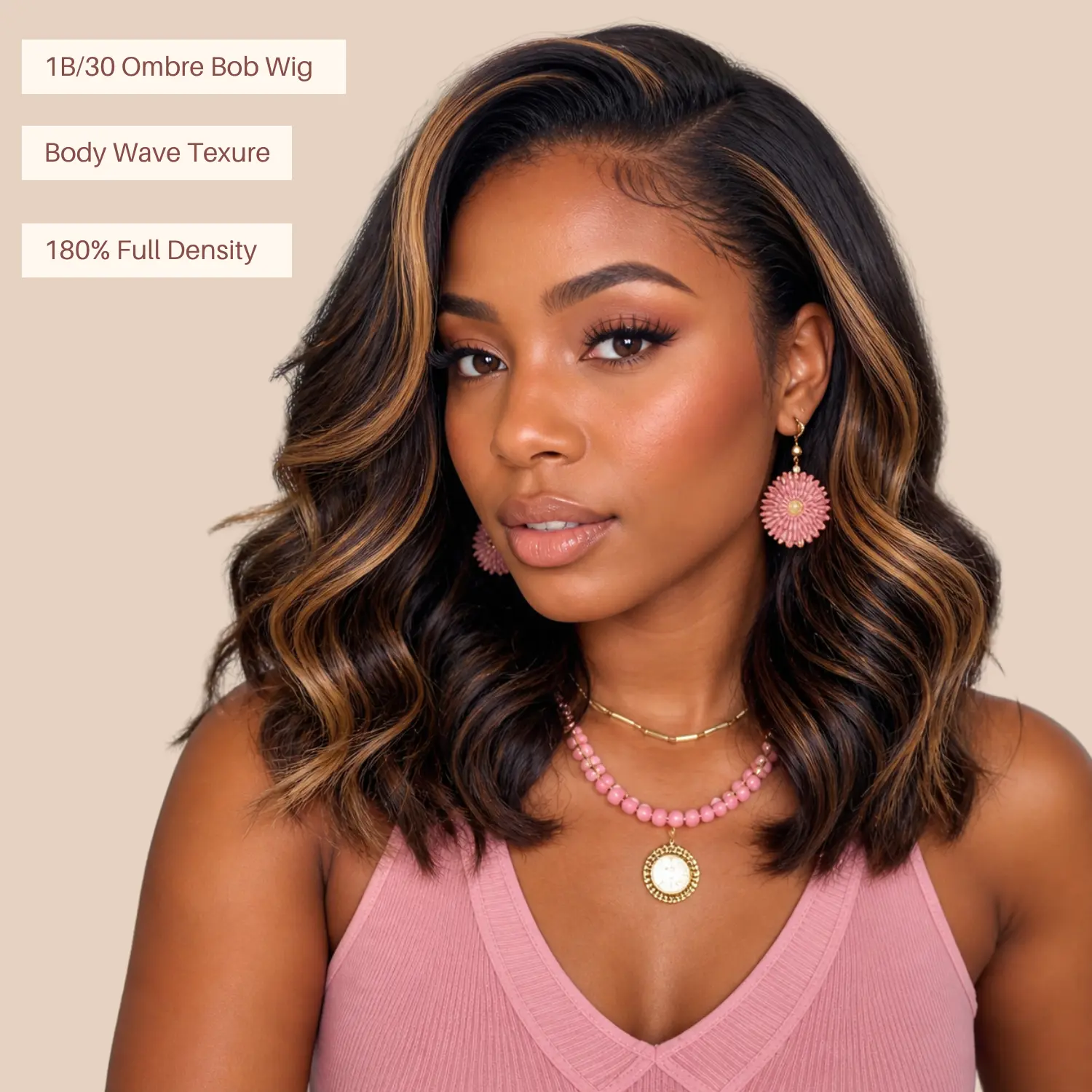 AFRIBYE Virgin Human Hair Short Bob Wig, 14 Inch Honey Brown Ombre Body Wave, 13x6 HD Lace Front Wig for Black Females, 180% Density, Pre-Plucked with Bleached Knots
