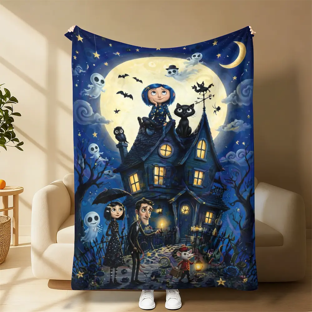 Coraline Cartoon Movie Flannel Throw Blanket Coraline Fan Art Soft Plush Blanket For Gothic Witchy Style Room Decor Cool Exclusive Gift For Coraline Fans, Ultra Soft Daily Snuggle Throw Blanket A gift suitable for fans, friends and children