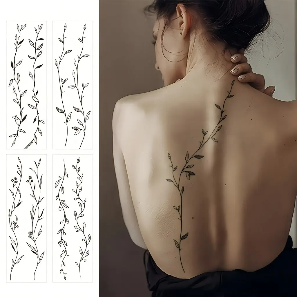 4-Piece Long Minimalist Leaf Flower Vine Back Tattoo Stickers, Waterproof Matte Temporary Fake Tattoos, Realistic Look, Suitable for Women, Aesthetic Tattoo Merch