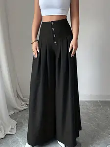 A women's fashionable solid color button design flare pants, suitable for spring and summer, ideal for commuting, daily casual wear, and indoor/outd