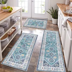 Boho Kitchen Rug Sets 3 Count with Runner Non Slip Washable Mats for Floor Thick Hallway Runner Laundry Holiday Decor