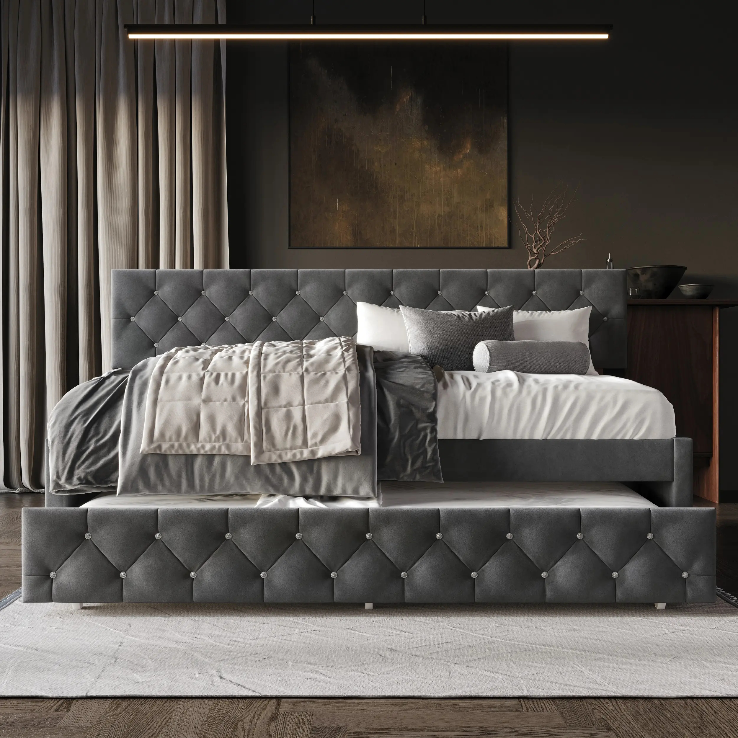 Favorer Darcey Luxurious Velvet Upholstered Daybed with Pull-Out Trundle, Diamond Button Tufted, Easy Assembly