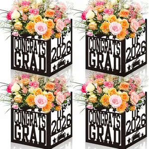 4-piece set, graduation ceremony center decoration box, laser engraved text "Congratulations to the 2026 graduates", suitable as a graduation party gift, floral decoration, and desktop ornament, with dimensions of 7x7x7.5 inches. (Excluding flowers)