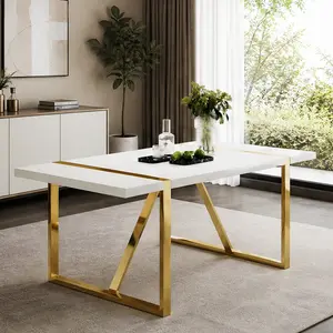 ARCH Industrial Rectangular Dining Table (39.30" W x 71.00" D x 30.00" H, 107.70 lb) - 2.3 Inches Thick White MDF Tabletop, Gold Metal Legs, Seats 6-8, Modern Indoor Furniture for Kitchen/Living Room, Easy Assembly, Multi-Use Writing Desk Tools
