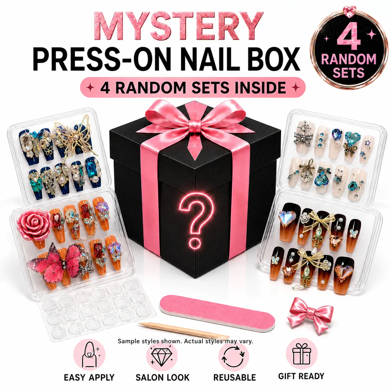 [Velvet Claw] 4 Sets Handmade Press-On Nails Mystery Box, Random Cute Fake Nails for Women, Reusable Glue-On Acrylic Full Cover Nails with Gift Box & 4-Piece Tool Kit, Salon Look Nail Set,selectable size