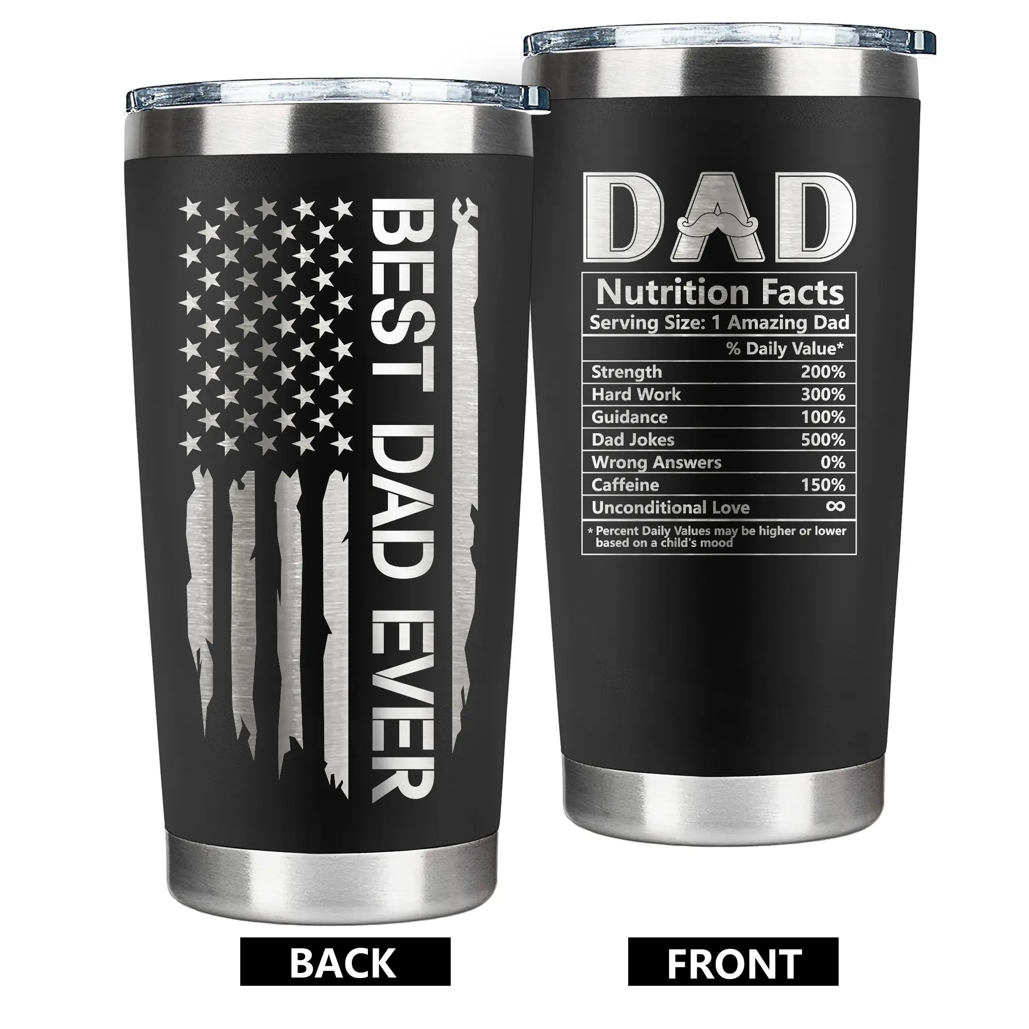 Birthday Gifts for Dad from Daughter Son , Best Dad Ever Christmas Gifts, Unique Fathers Day Gift| Daddy Coffee Mug Cup, Happy Holiday Travel Presents for Men, Funny Cool Useful Inspired 20oz Black Stainless Steel Tumbler For husband, new Dad Halloween