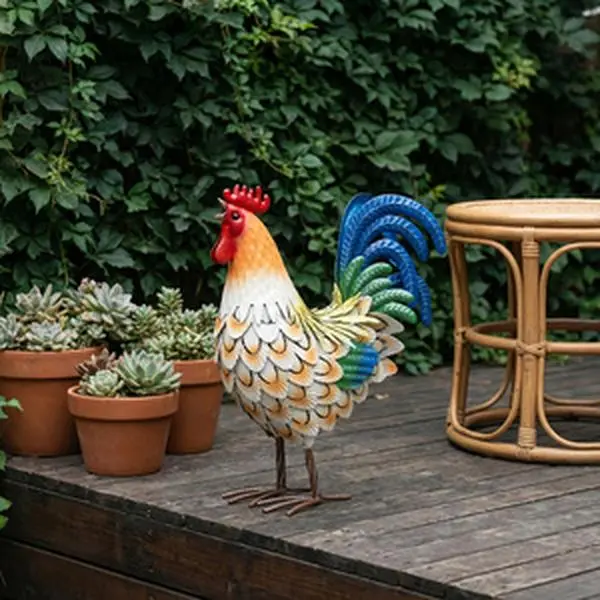 Colorful Wrought Iron Rooster Statue, Perfect Ornament for Outdoor Garden & Lawn