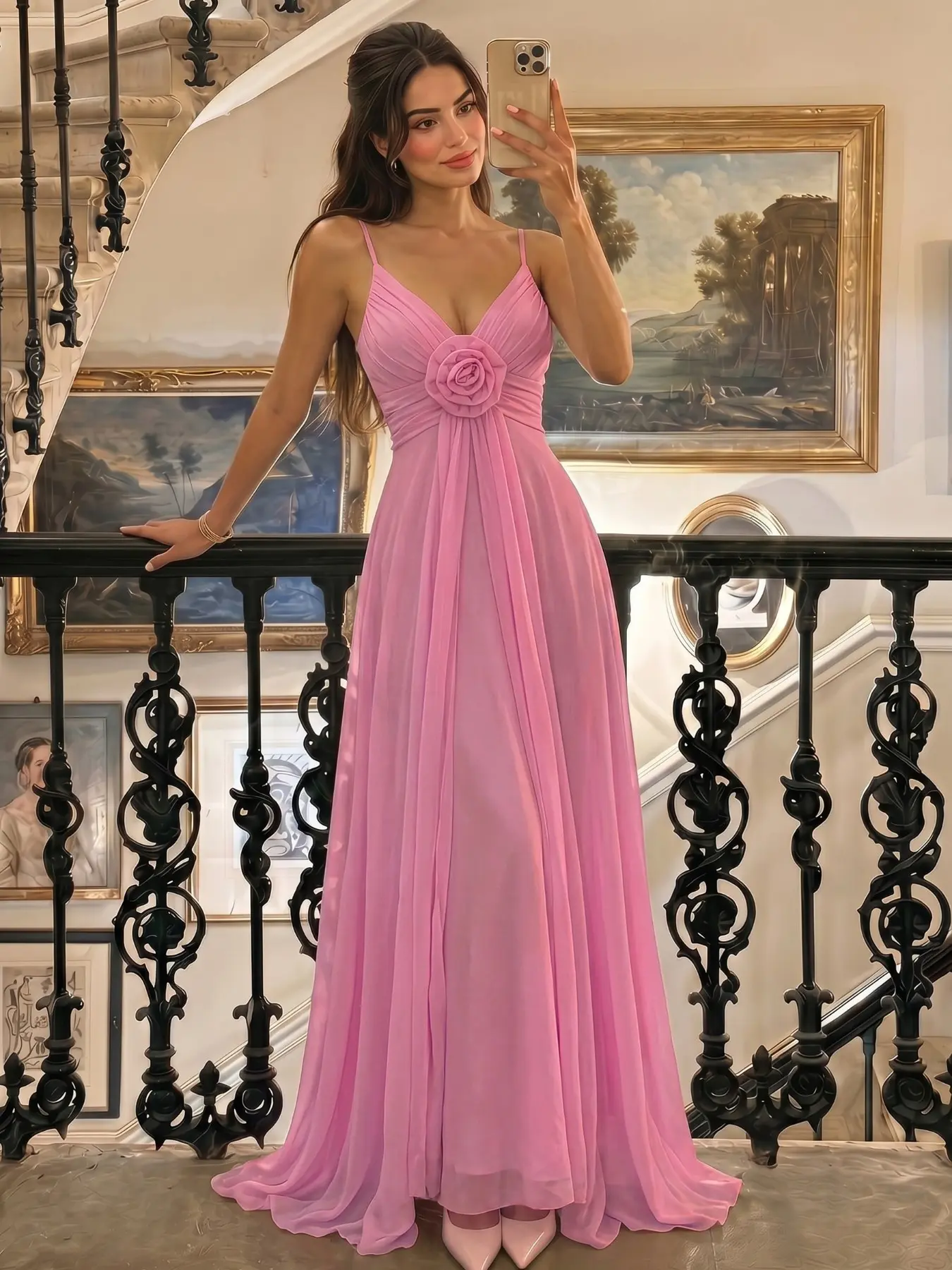 Pink Spaghetti Strap Sleeveless Rose Detail V-Neck Maxi Gown, 2026 Trending Bridesmaid Style, Elegance, Feminine, Chic, Lightweight Soft Flowy Fabric for Wedding & Evening Women's Waist Cinch Chiffon Dress, Evening Gown, Bridesmaid Dress