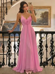 Pink Spaghetti Strap Rose Detail V-Neck Maxi Gown - 2026 Trending Bridesmaid Style, Feminine, Elegant, Soft Flowy Drape Fabric for Wedding & Evening Women's Light V-Neck Strapless Rose Flower Waist Cinch Chiffon Long Dress, Evening Gown, Travel Photo