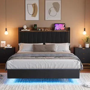 Floating Bed Frame with LED Lights & Charging Station, Upholstered Platform Bed with Storage Headboard, Wood Slats Support, No Box Spring Needed, Easy to Assemble