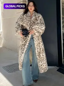 Women's Leopard Print Faux Fur Coat Jackets, Casual Long Sleeve Waterfall Collar Fuzzy Soft Coat for Fall & Winter, Women's Clothing for Daily Wear
