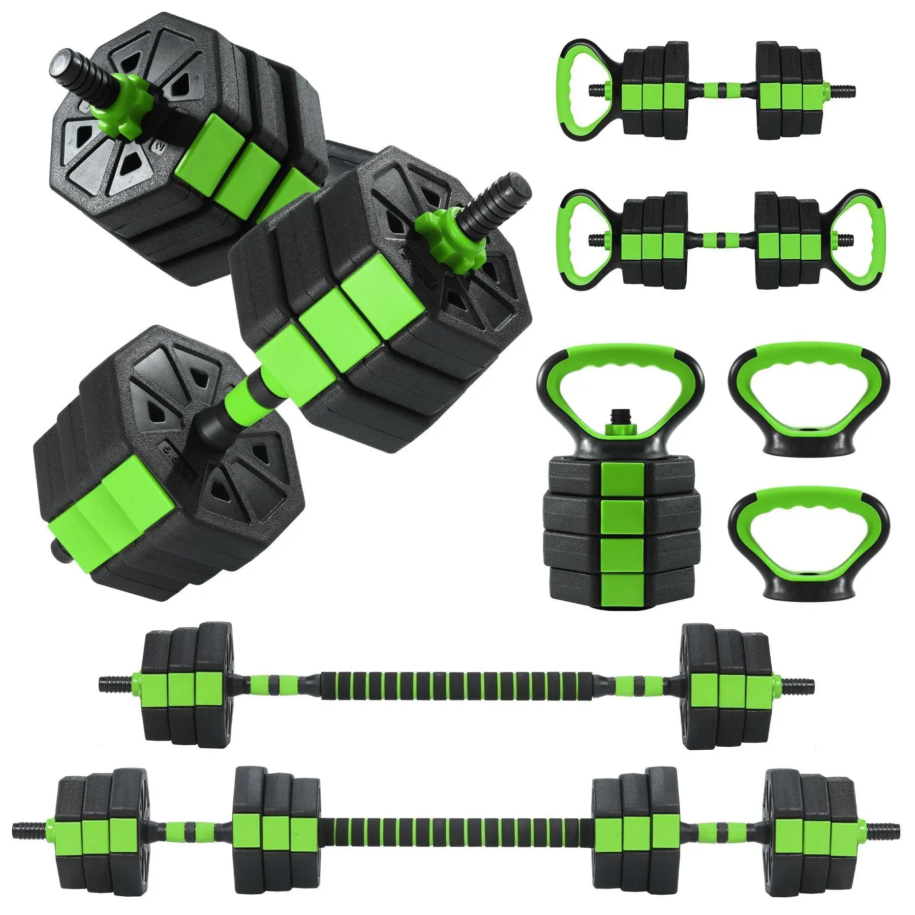 GAOMON Black-Green Adjustable Dumbbell Set with Connector Kit, 44/66/88 lbs Polyethylene Free Weights, 4-in-1 for Barbell/Kettle, Push-Up Stand, Home Gym Adjustable Resistance Anti-Odor Technology Weights for Men, Powerlifting