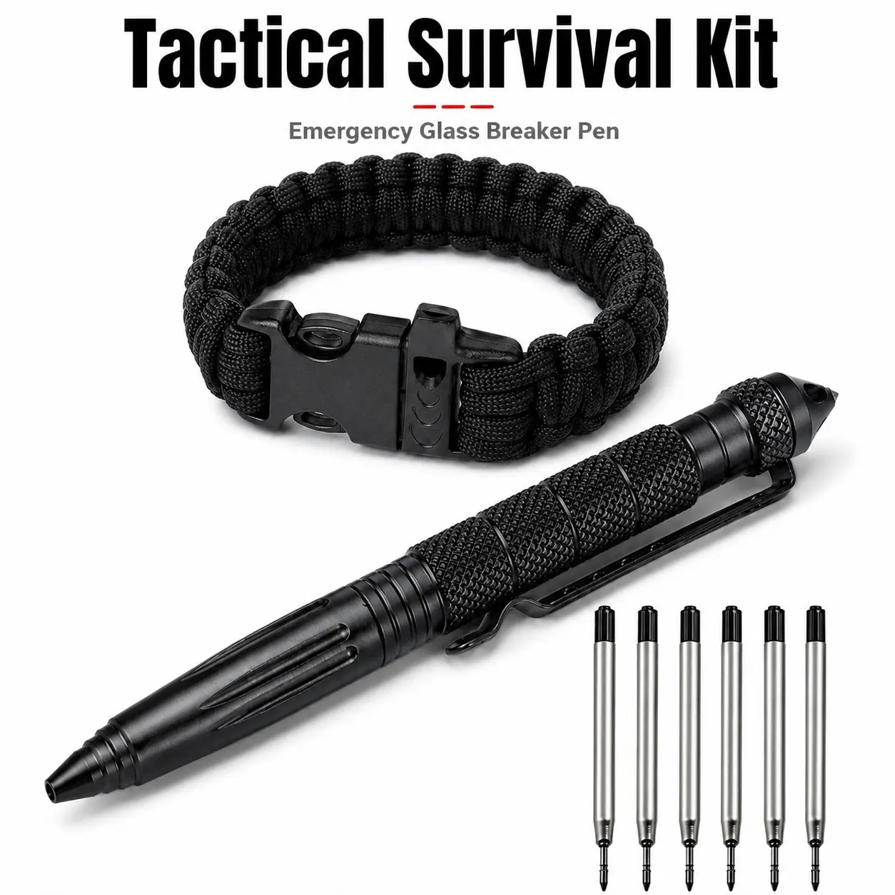 Tactical Survival Pen Set with Paracord Bracelet, Glass Breaker Emergency EDC Gear Gift for Men