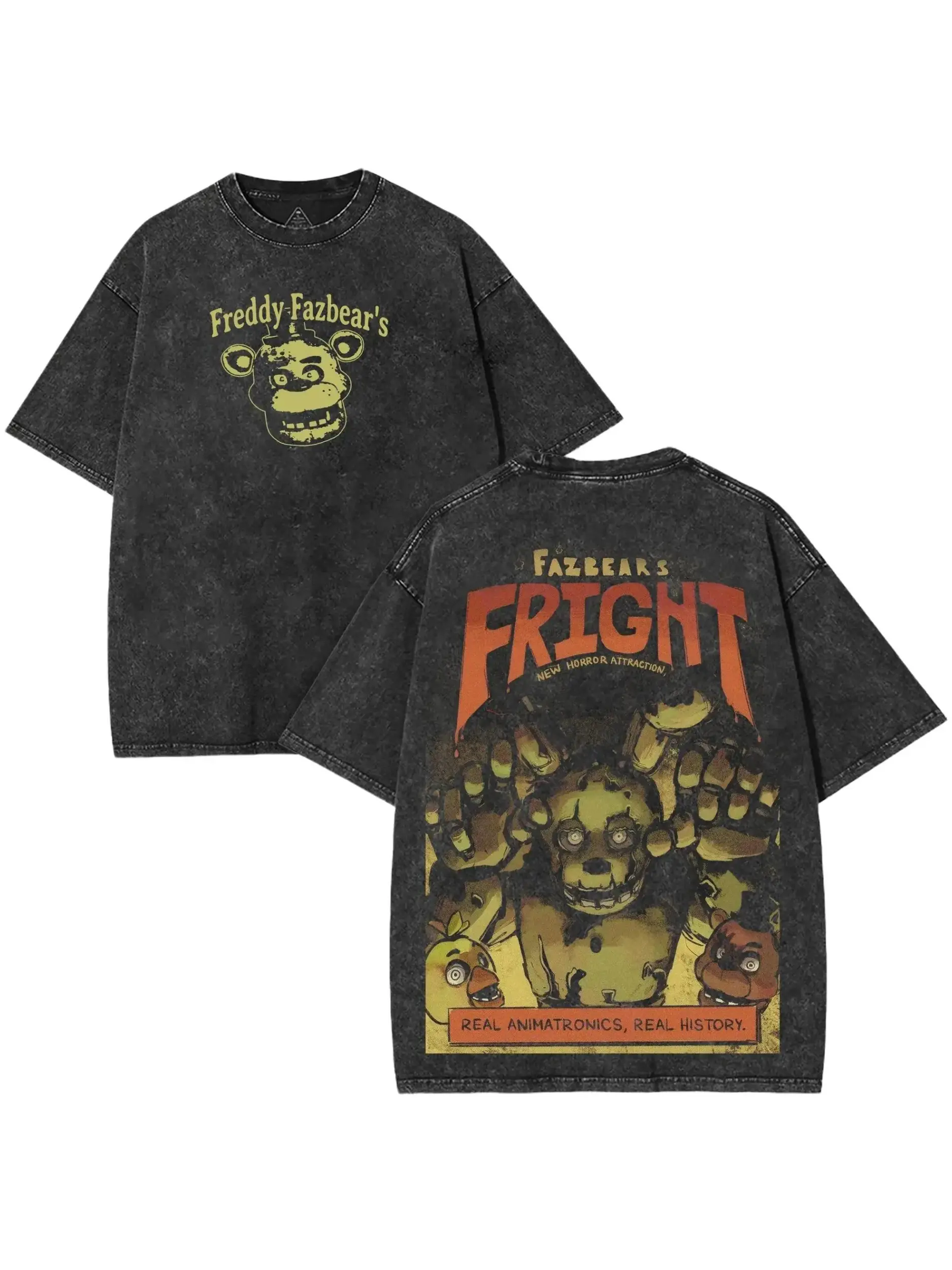 Men's Washed Cotton T-Shirt with Horror Character Back Print, Oversized Loose Fit, Soft Breathable Horrorcore Streetwear Top, Menswear, Tee, Horror Movie Character Print Men's Short-Sleeve T-Shirts, Creepy Character Men's Short-Sleeve T-Shirts