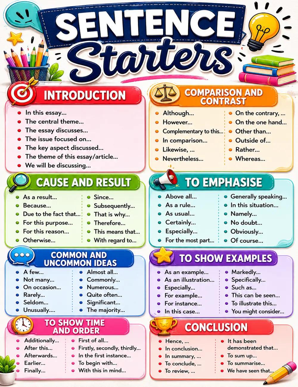 Sentence Starters Poster English Grammar Classroom Wall Art Educational Canvas Print Writing Prompts Chart Learning Poster for Teachers Students School Classroom Decor Homeschool Language Arts Bulletin Board Reading Writing Anchor Chart Framed Unframed