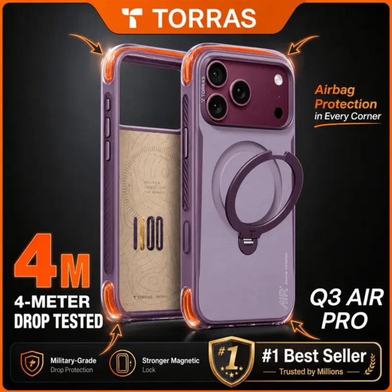 TORRAS iPhone Protective Case with 360° OStand - 13ft Dual-Airbag Shockproof Magnetic Cover for iPhone 18/17/16/15 Pro Max, 18N MagSafe Hold, Microfiber Lining, Anti-Slip Burgundy Red