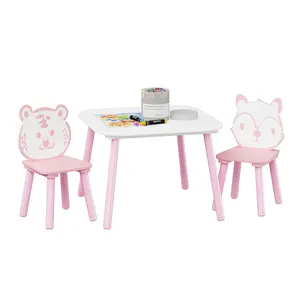 Kids Table and Chair Set 3-Piece Wooden Toddler Desk with Animal Backrest Pink&White Mini Design for Drawing Learning Playroom Nursery