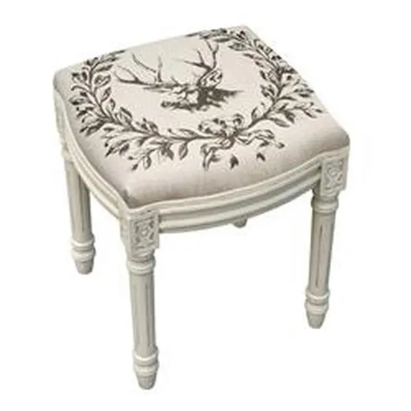 123 Creations WFS038XXGY Armless Linen Elk Upholstered Antique White Vanity Stool - Classic Wooden Footstools & Ottomans, Lightweight Square Footstools & Ottomans, 12 lbs, Antique Look, Fully Assembled