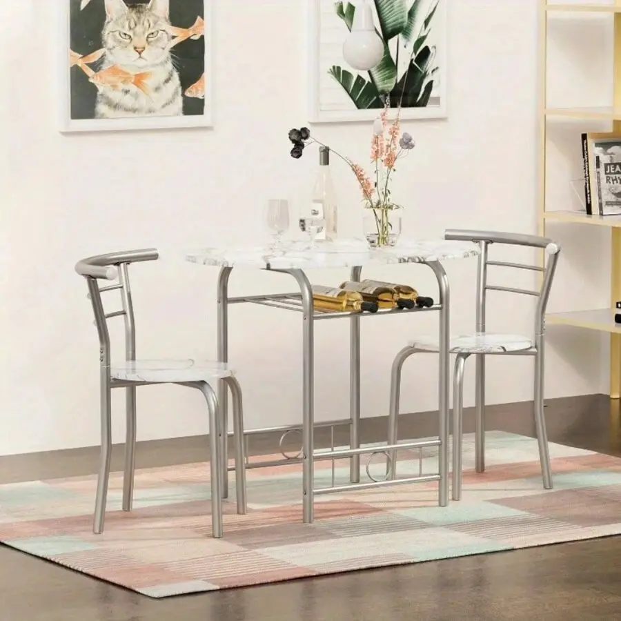 3-Piece Wooden Round Table & Chair Set, Space Saving Kitchen Breakfast Nook Wood Grain Tabletop With Metal Frame And Built-In Wine Rack For Kitchen, Dining Room