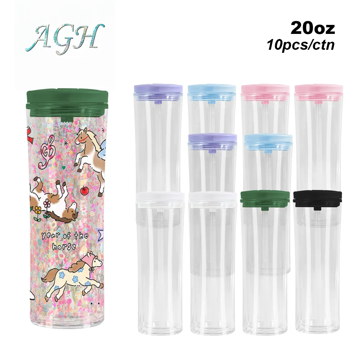 AGH US 10pcs 20 OZ Mixed Color Snow Globe Double Wall Plastic Tumbler with Pre Drilled Hole & Plugs & Flip Straw Lids for Glitter DIY