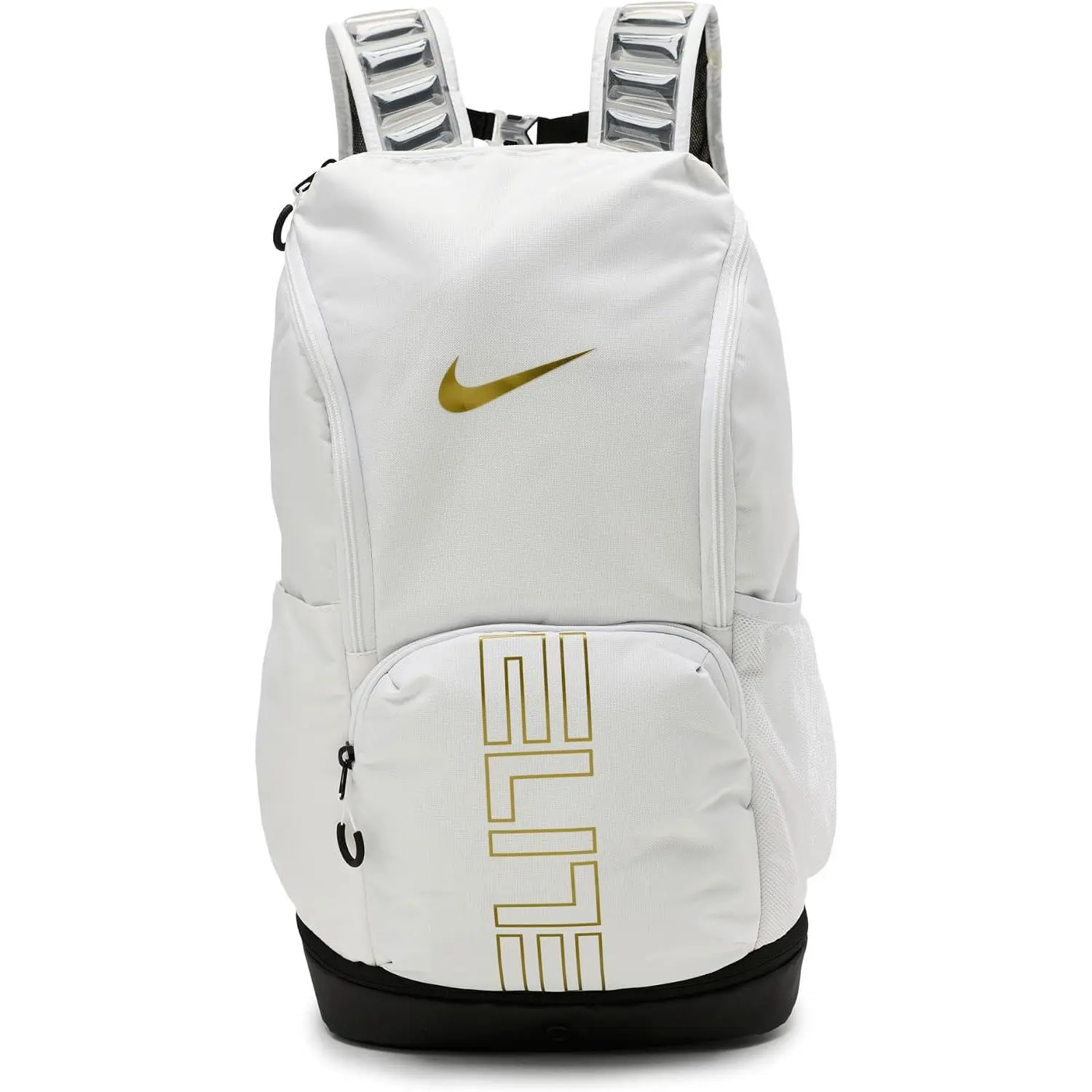 Nike Varsity Elite Sports Backpack - 32L Modern Solid Polyester Multifunctional Travel Backpack, White with Black and Metallic Gold Accents HM9965-100, Zipper
