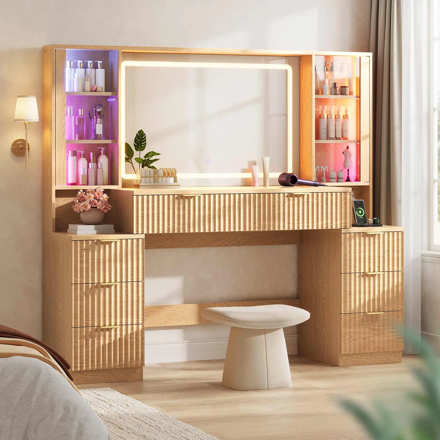 SIKAIC 59-Inch Fluted Wooden Makeup Vanity Desk - Modern Dressing Table with Sound-Sync Glow LED Lights, 8 Drawers, 2 Glass Storage Cabinets, Charging Station, Sturdy Natural Oak, 59" Wide Space, 139 lbs