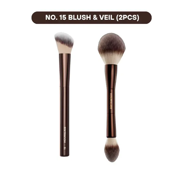 HOURGLASS Brush No. 15 Blush & Veil 2 pcs Double Ended Makeup Brush Set, Soft Vegan Bristles for Powder, Cream & Liquid Makeup