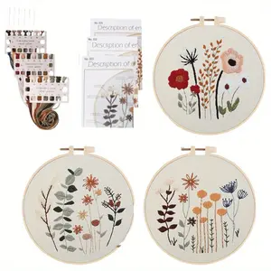 3 Packs Embroidery Starter Kit for Beginners Stamped Cross Stitch Kits with Cute Flowers and Plants Patterns with 1 Embroidery Hoop and Color Threads for Adults