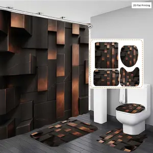 Geometric Square Shower Curtain Set with Mat, Non-Slip Bath Rug, U-Shaped Pad, Toilet Lid Cover, Polyester Fabric, 12 Hooks Included