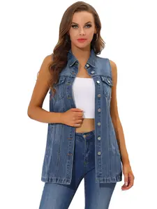 INSPIRE CHIC Denim Vest Sleeveless Button Down Waistcoat Casual Long Jean Vests