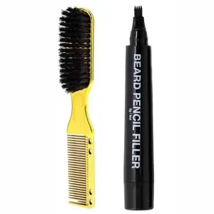 Combo Beard brush and Pencil filler,   beard Double-Sided Beard Brush & Beard Comb Barber Brush for Grooming Beard Non-Slip & Sturdy Bristle Brush for Clean Cuts Professional Barber Comb for Beard & Hair Edge Control Brush Barber Accessories SELZALOT