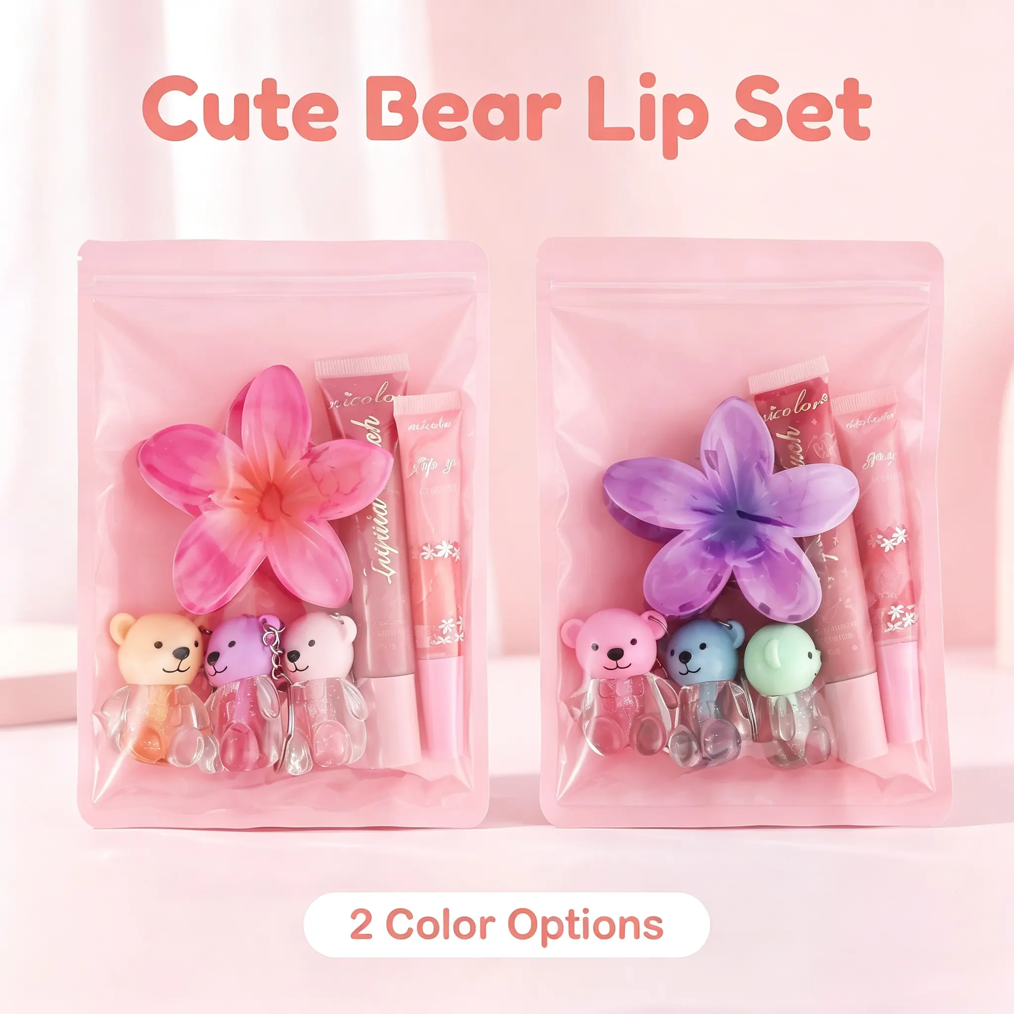 6pcs Lip Care Set,Cute Transparent Bear Daily Lightweight Makeup Bundle - Lip Oil, Blush, Lip Gloss, 3D Flower Hair Clip,Hydrating & Lightweight, Fades Fine Lines，Perfect for All Skin Types with Plant Squalane