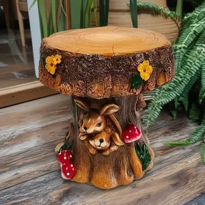 12.6" Resin Single-Seat Accent Chair, Nature-Inspired Rabbit Motif Tree Stump Design, Backyard Decor for Patio, Indoor-Outdoor Use