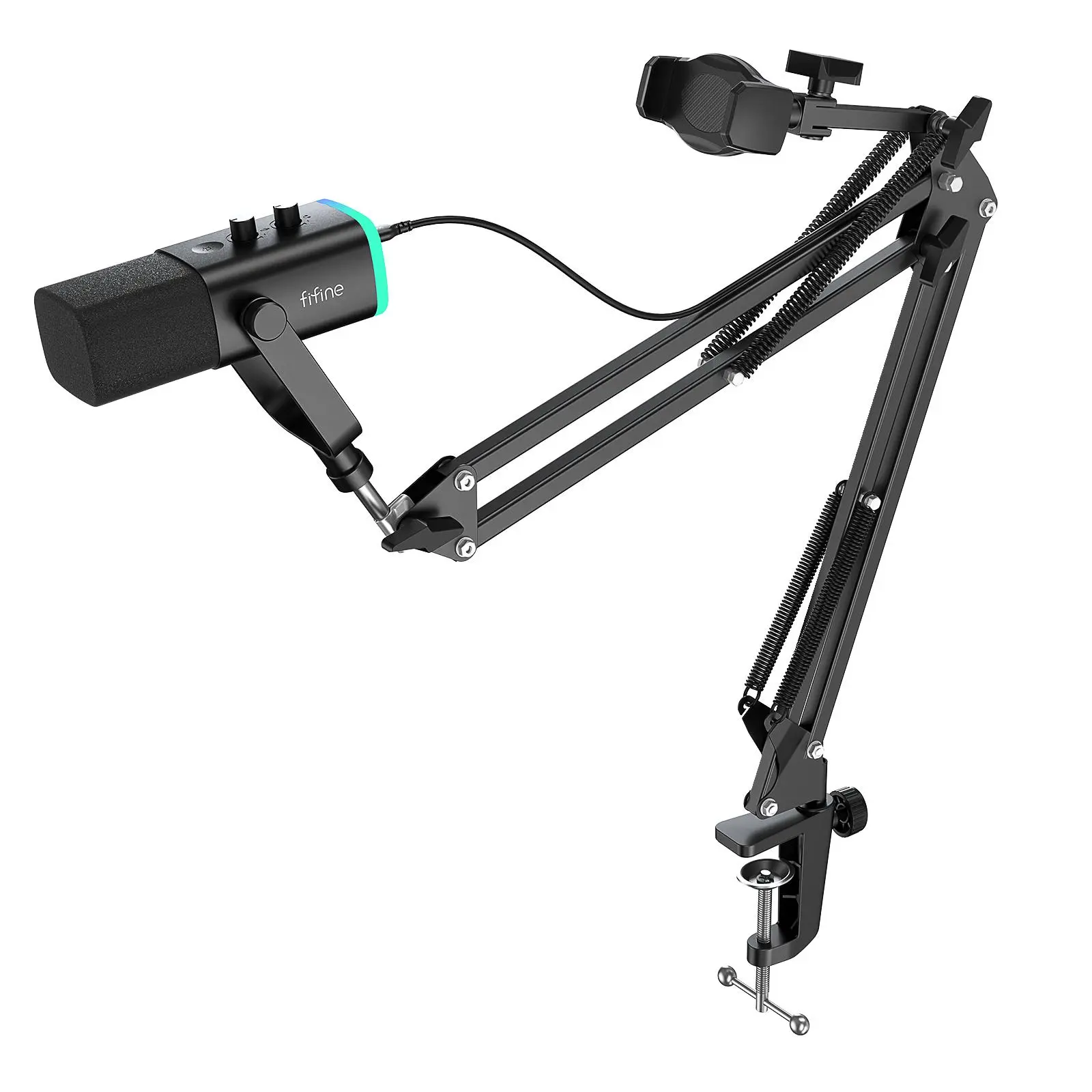 fifine AM8T NEO Adjustable Microphone Boom Arm with Stable Phone Holder for Live Streaming Podcasting TikTok Gaming Recording Content Creation Voiceover Gaming Setup Multi-Functional Adjustable Arm Professional Creator Gear