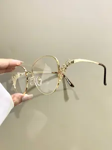 Large Oval Metal Frame Glasses, Trendy Fashion Retro Eyewear for Women Elegant Novelty Hinged Diamond Eyeglasses, Stylish Trendy Eyewear
