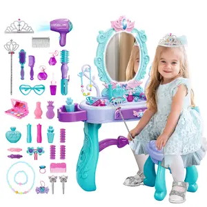 deAO Vanity Makeup Table Toy with Mirror & Chair, Vanity Playset with Lights,Pretend Play Makeup Toy with Hair Dryer Toy, Salon Set