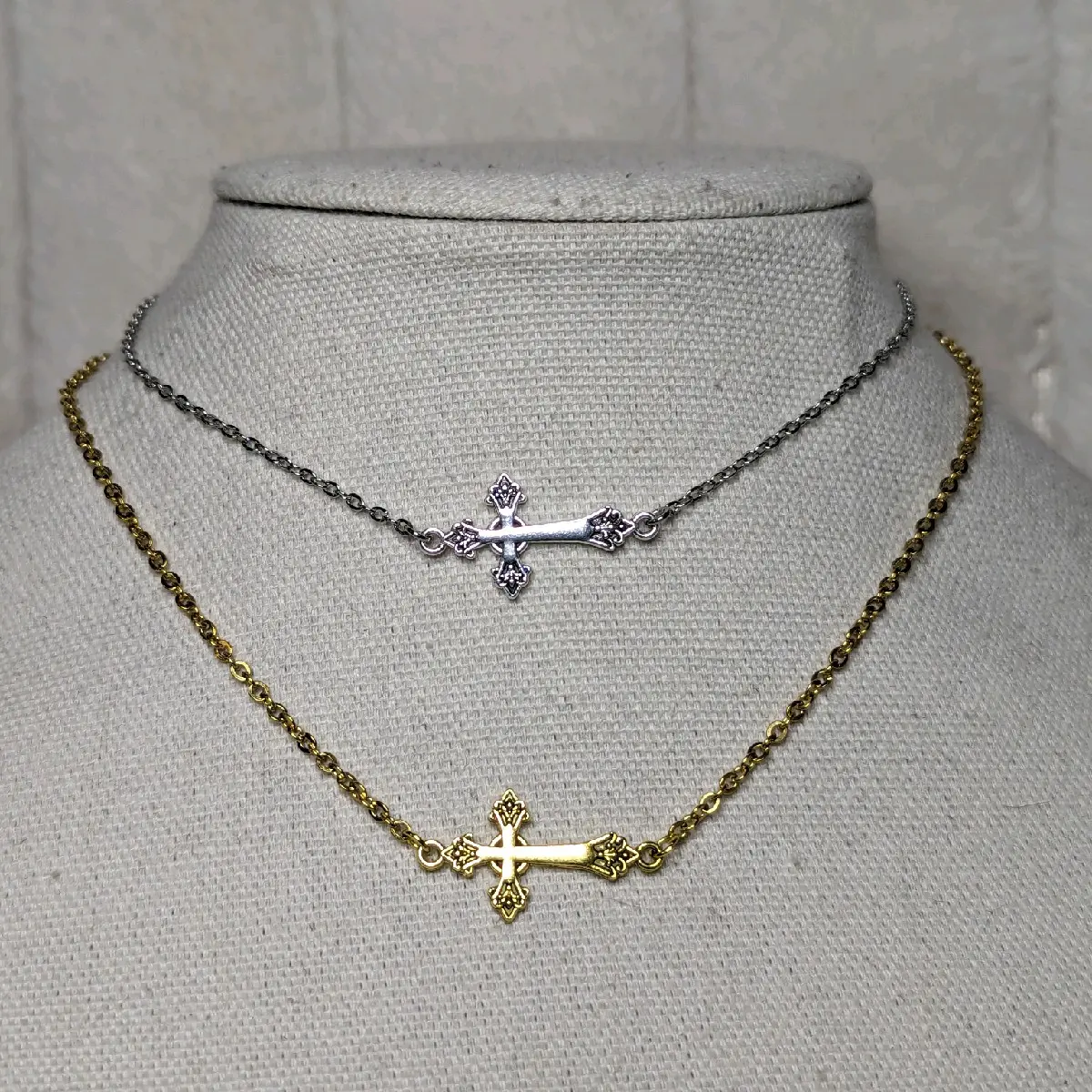 Small Sideways Cross Choker Necklace Silver And Gold