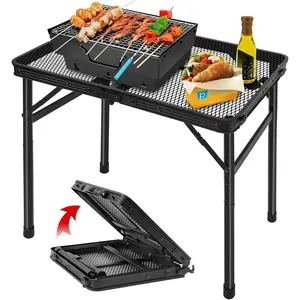 Folding Grill Table Camping Table with Mesh Desktop, Lightweight & Portable Outdoor Picnic Table, Height Adjustable Portable for Outside Inside Use