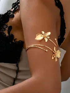 Polished Gold Flower Arm Cuff, Open Adjustable Bangle, Minimalist Floral Design, Versatile for Casual & Formal Wear, Adds a Feminine Touch to Any Outfit, Boho Floral Statement Jewelry, Perfect for Beach & Festival Outfits, Elegant Accessory for Women