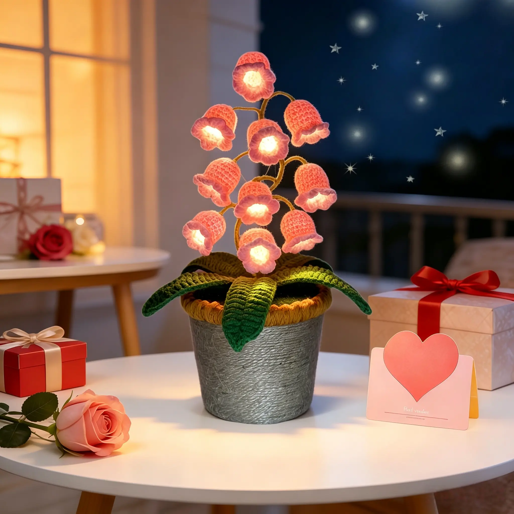 Handmade Crochet Lily of the Valley LED Lantern with Card & Gift Box, Warm light bedside desk decor, Cute ornament, Gift for Mother's Day, Anniversaries and Valentine's Day