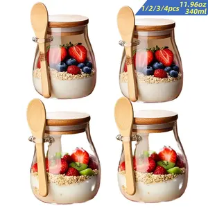 Glass Storage Jar with Lid & Spoon, 1/2/3/4 Counts Overnight Oats Jar with Stickers & Pen, Food Storage Container for Yogurt, Spice, Salad, Kitchen, Glass Mason Jar